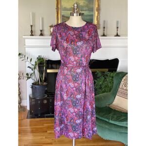 Vintage 80s Dress, Paisley Pink Purple Dress, Belt Neck Tie, CB New York, M L